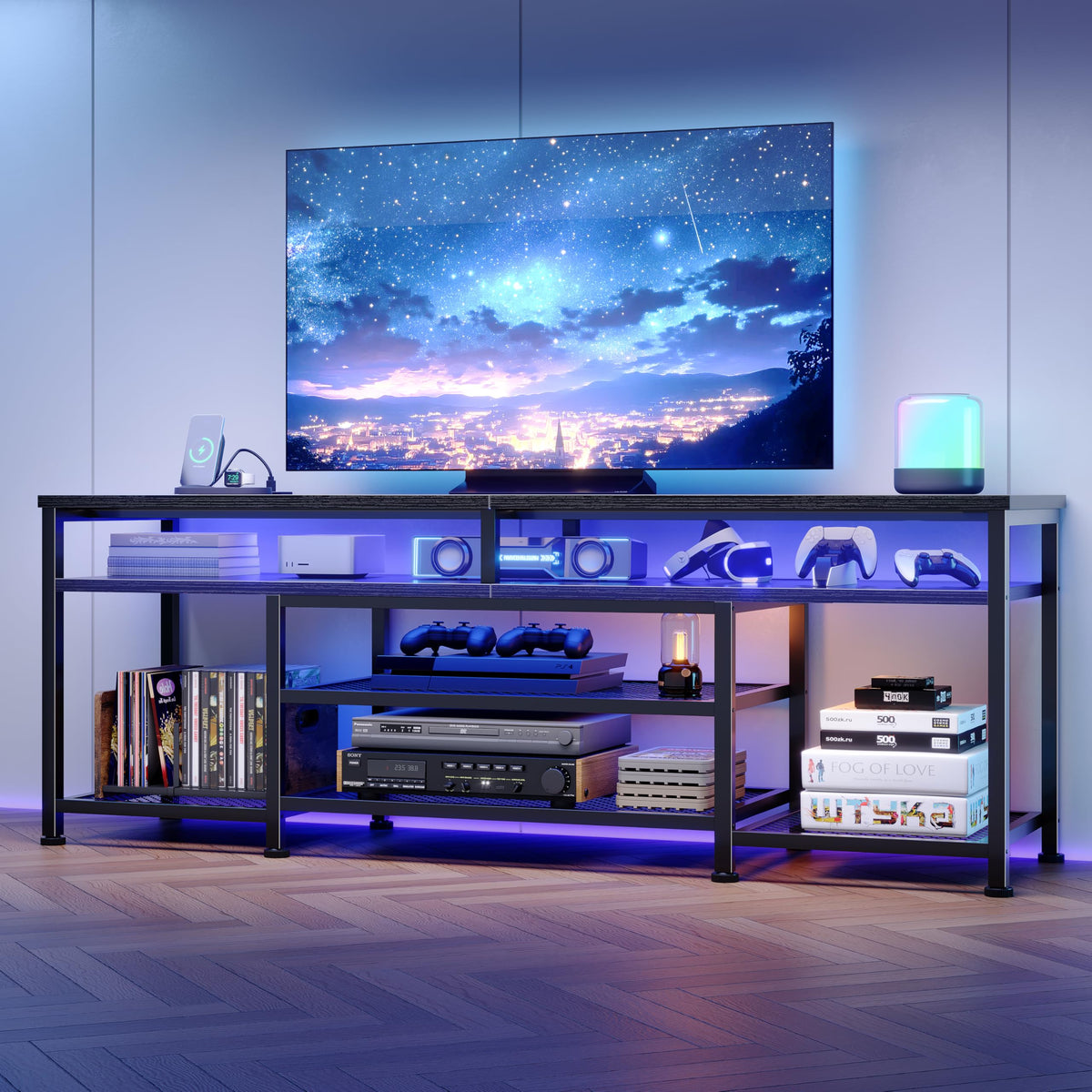 63 Inch TV Stand with Power Outlets & LED Lights, Black A423