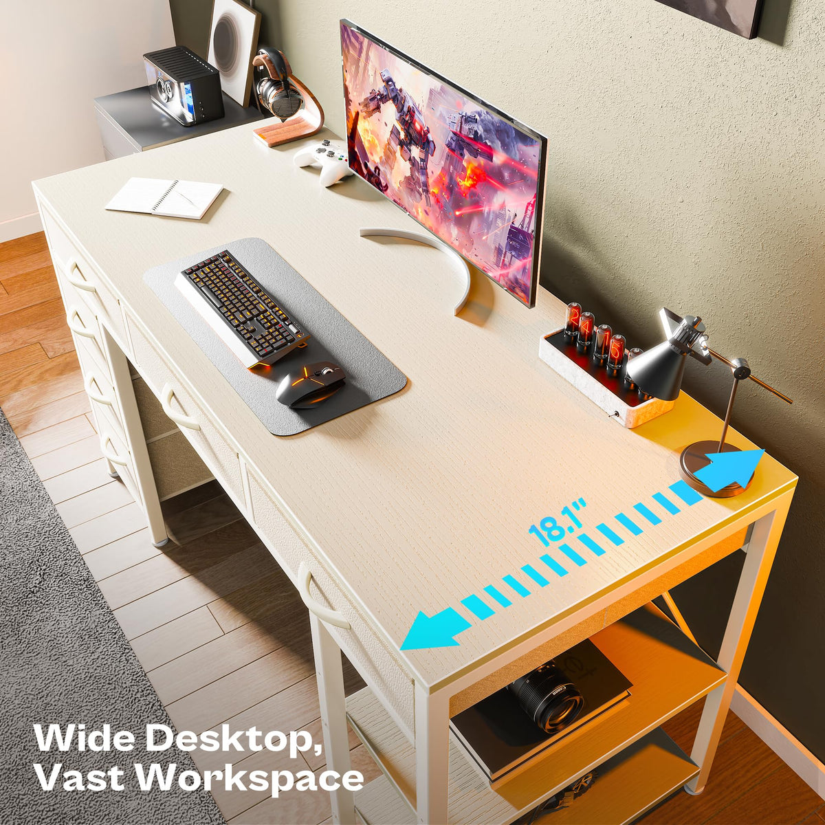 White 6 Drawer Computer Desk with Shelves D54863