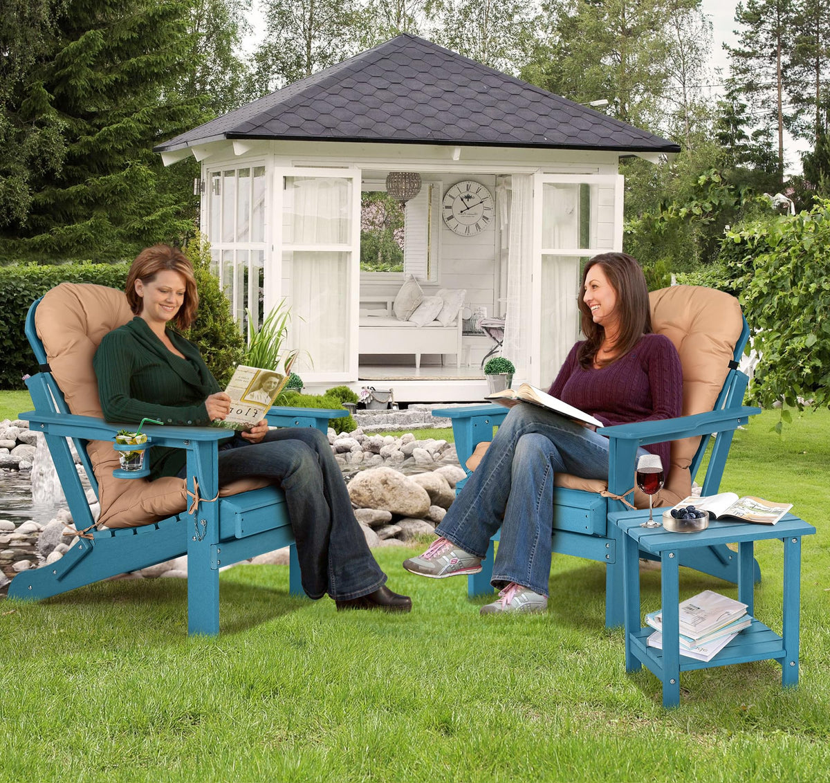 Folding Adirondack Chairs Set of 2 with Cushion, Blue HDPE Plastic Oversized Patio Chair Q9977