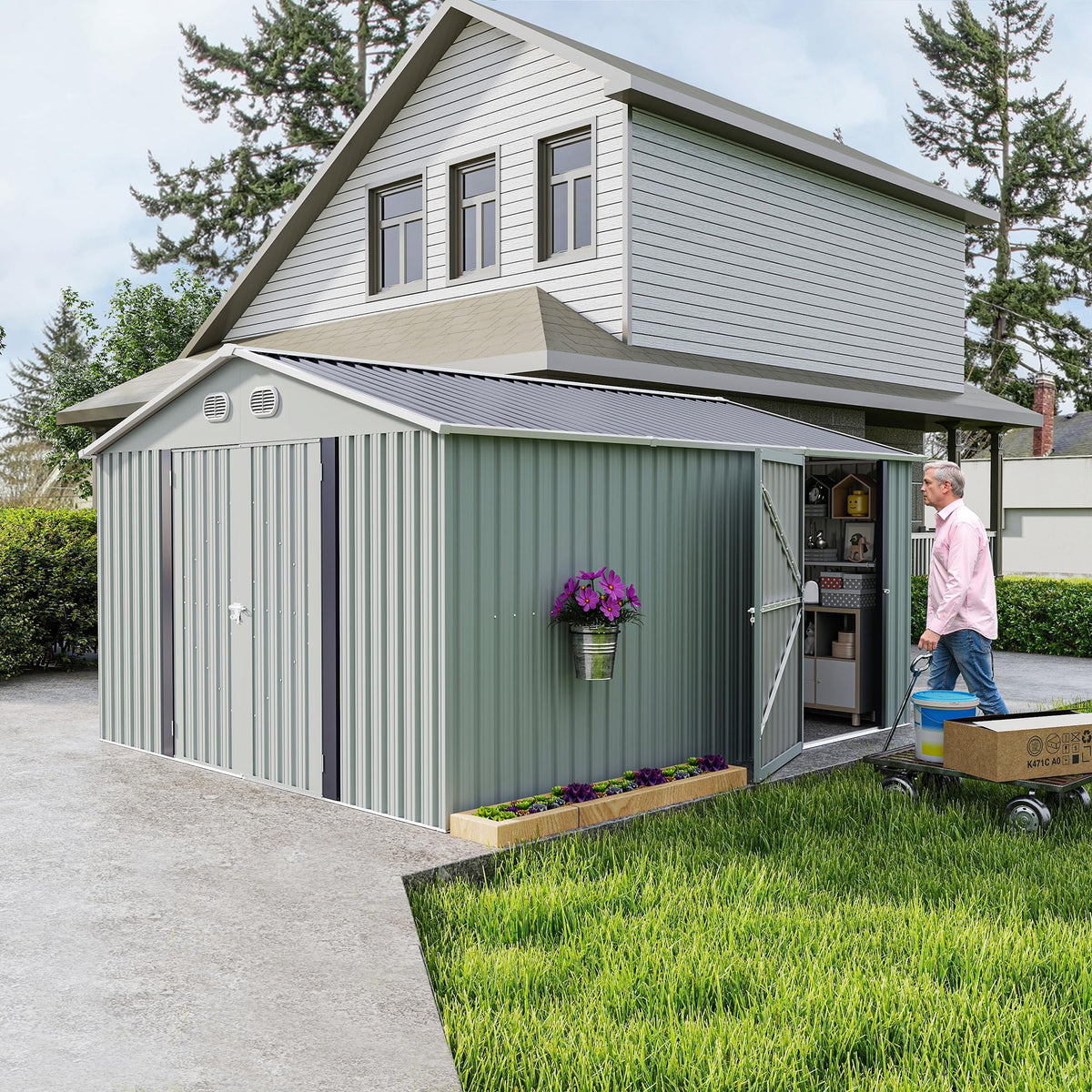 10x12 FT White Metal Storage Shed with Lockable Doors Y78239