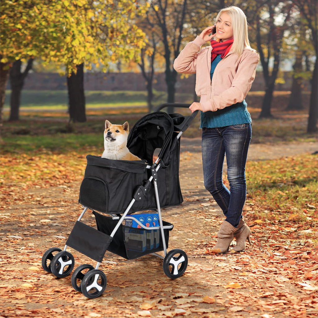 4 Wheels Foldable Pet Stroller with Storage Basket and Cup Holder A949628