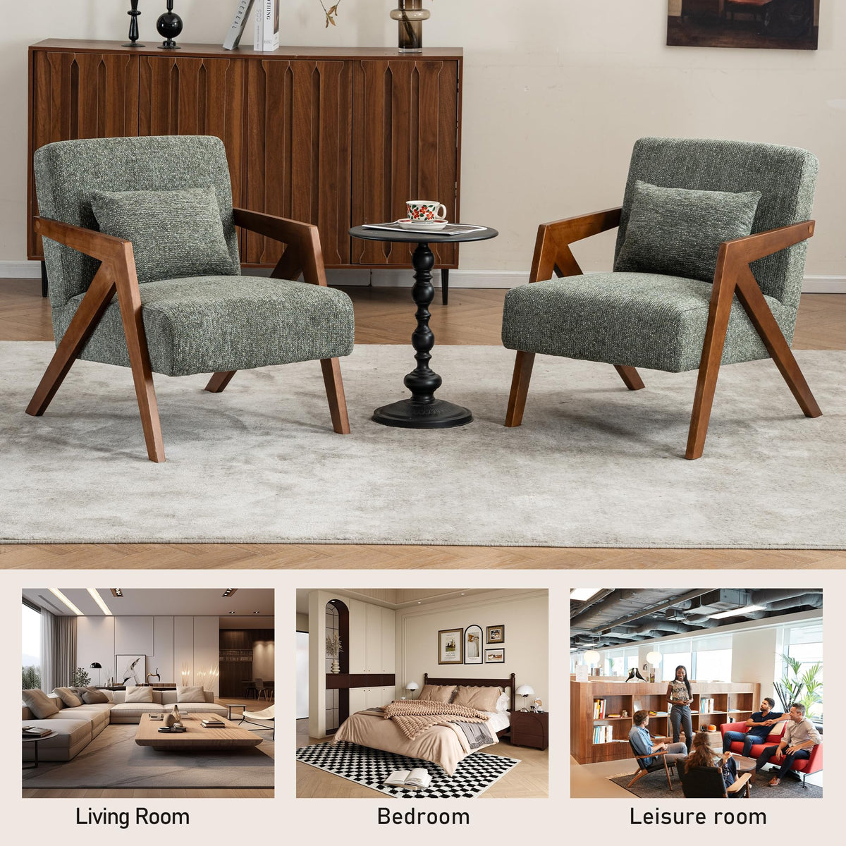 Mid-Century Modern Chenille Accent Chair Set of 2 with Wood Frame A1382
