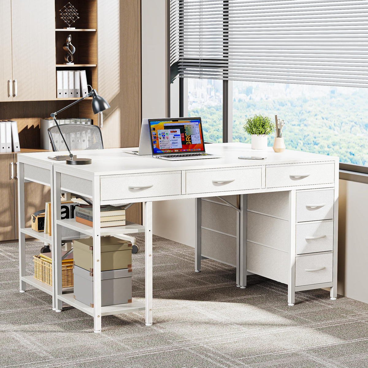 White 6 Drawer Computer Desk with Shelves D54863