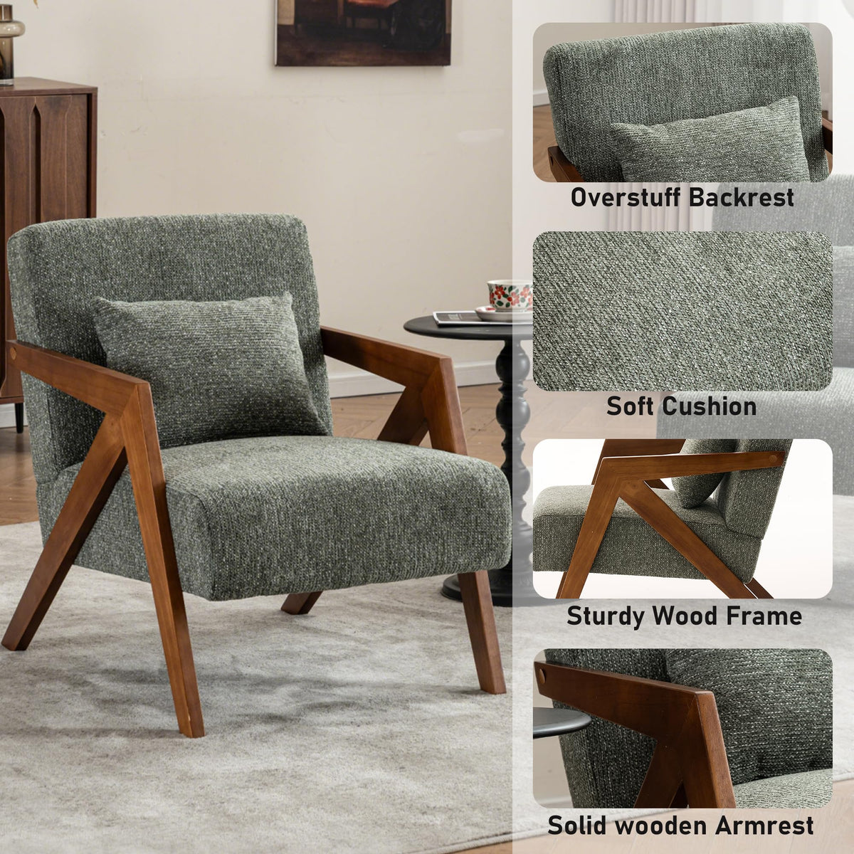 Mid-Century Modern Chenille Accent Chair Set of 2 with Wood Frame A1382